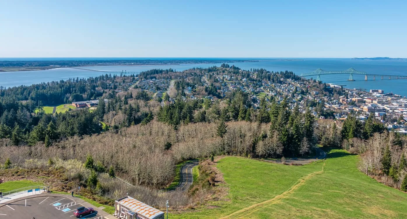 Aerial view of Astoria Oregon with the Columbia River
